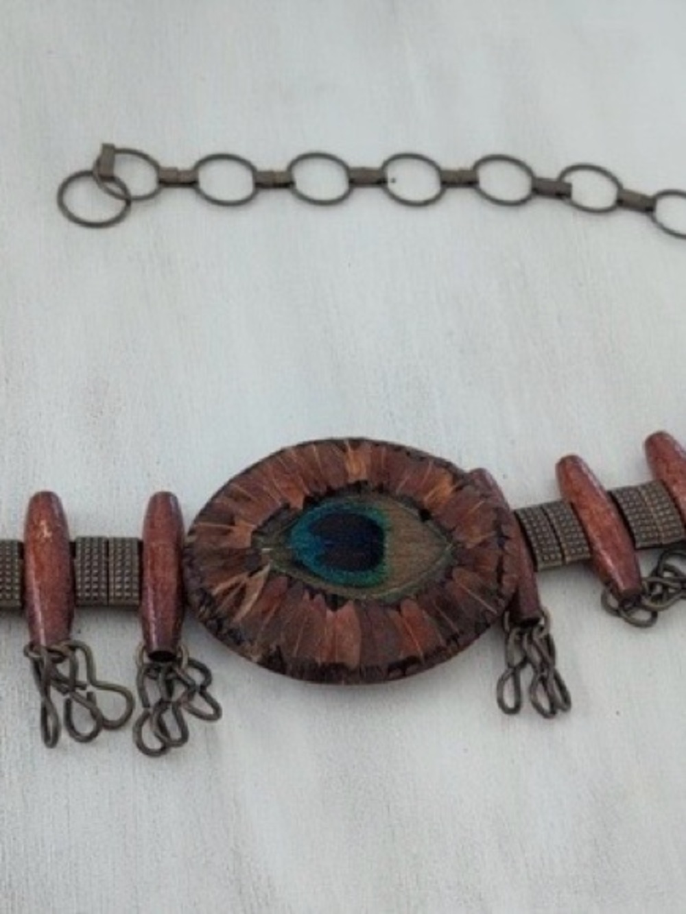 Vintage Lee Sands Bohemian Peacock Feather Wood Accent Belt - Teal & Brown - Picture 4 of 5